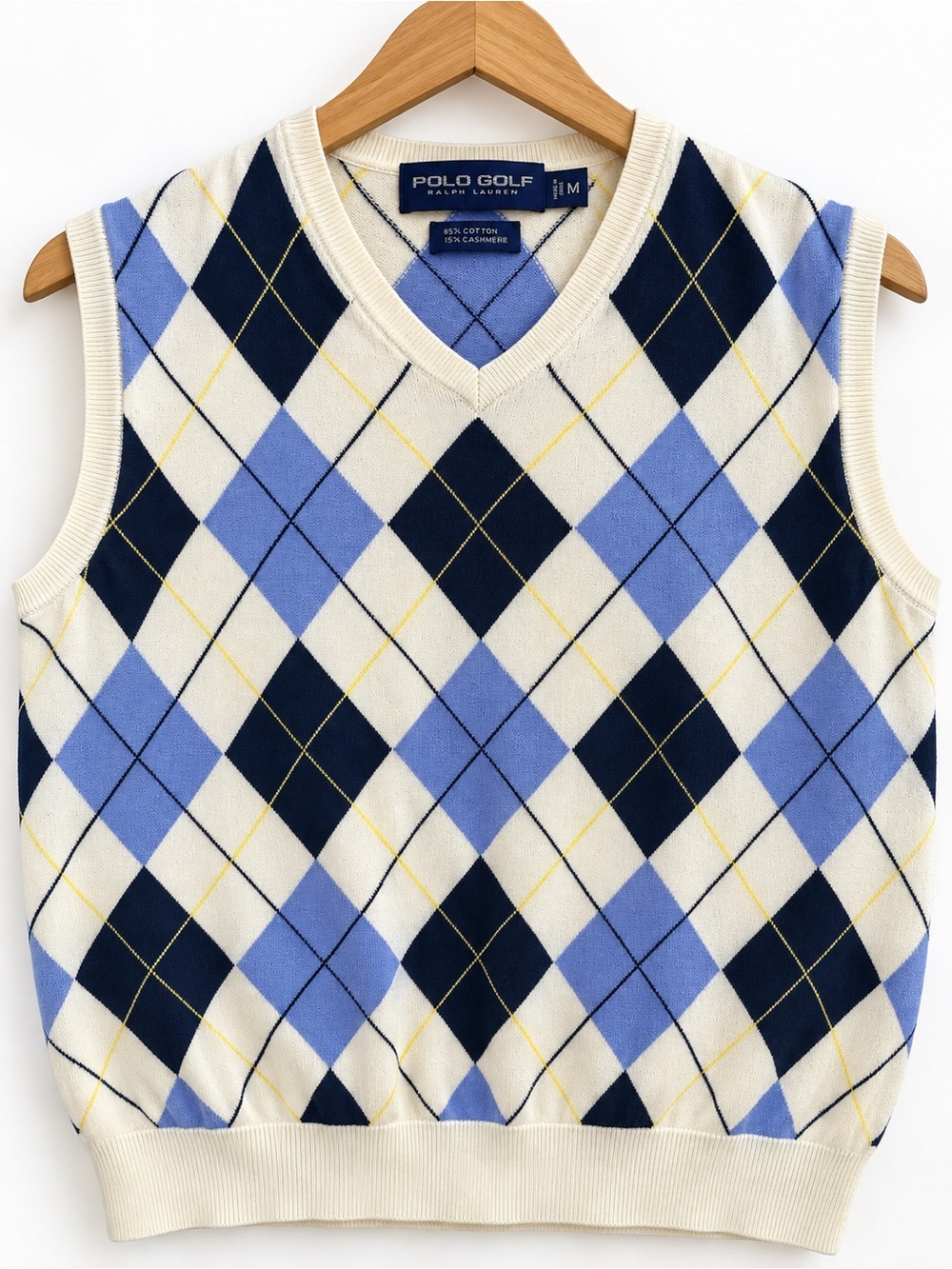 Polo Golf Ralph Lauren Argyle Sweater Vest M Cotton Cashmere Blue Cream Preppy